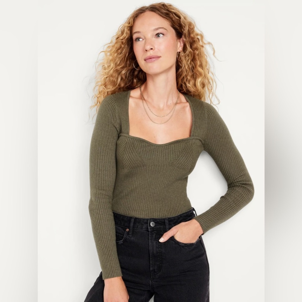 Old Navy Fitted Rib-Knit Sweater Sweetheart Neckline Top, Green, Size Large